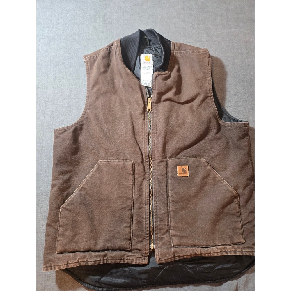 Vtg Carhartt Vest Mens LT Duck Canvas Quilt Lined Utility Work Brown Outdoors